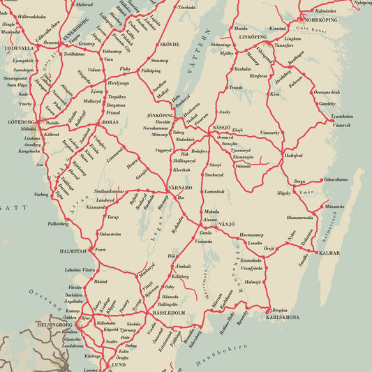 Poster Järnvägskarta över Sverige (röd)
