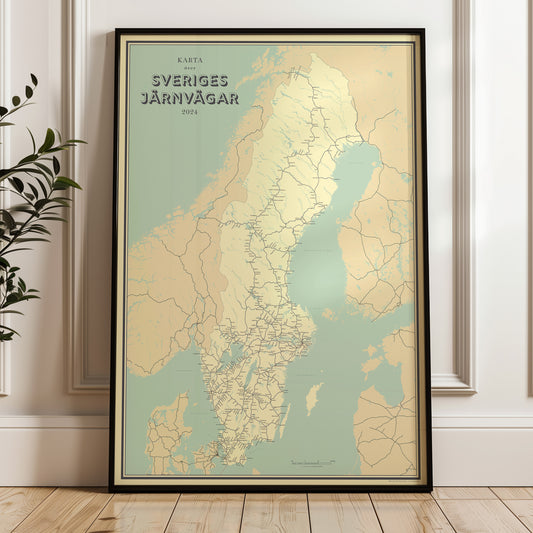 Poster Järnvägskarta över Sverige (beige)